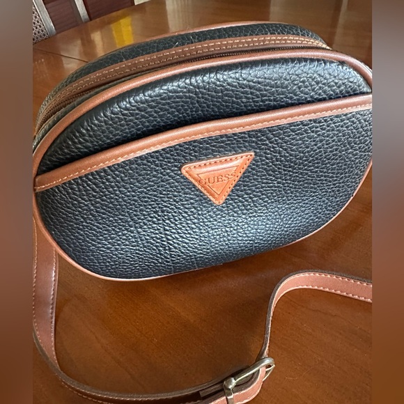 Guess Handbags - Vintage GUESS 90s Crossbody Camera Bag Black Brown Pebbled Faux Leather